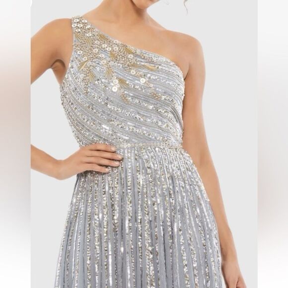 Mac Duggal 5220 Silver Sequin one shoulder gray embellished Gown wedding prom 4 - Picture 11 of 14